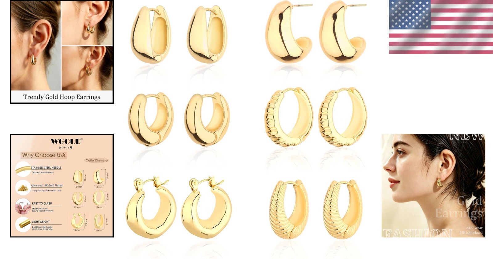 6 Pairs Women’s Gold Hoop Earrings Set – Gift Box Included