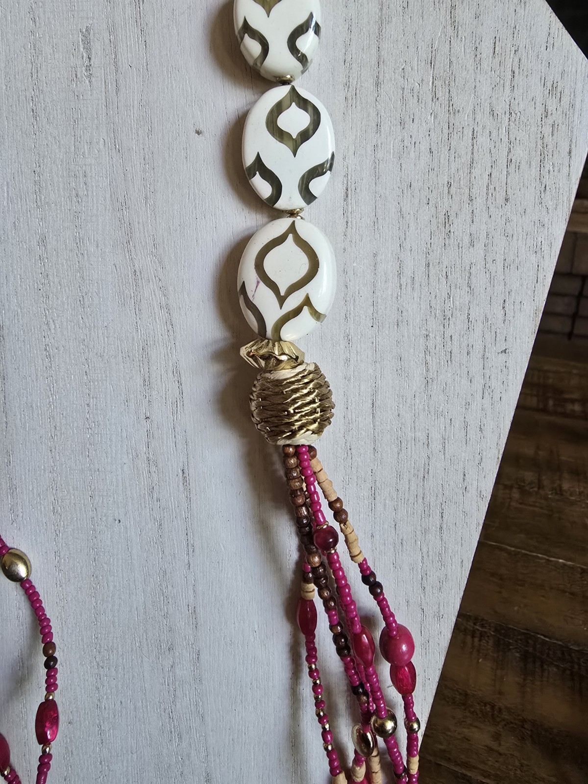 Chico’s Necklace Long Statement Natural Wood Beads Pink Brown Multistrand 36-39″