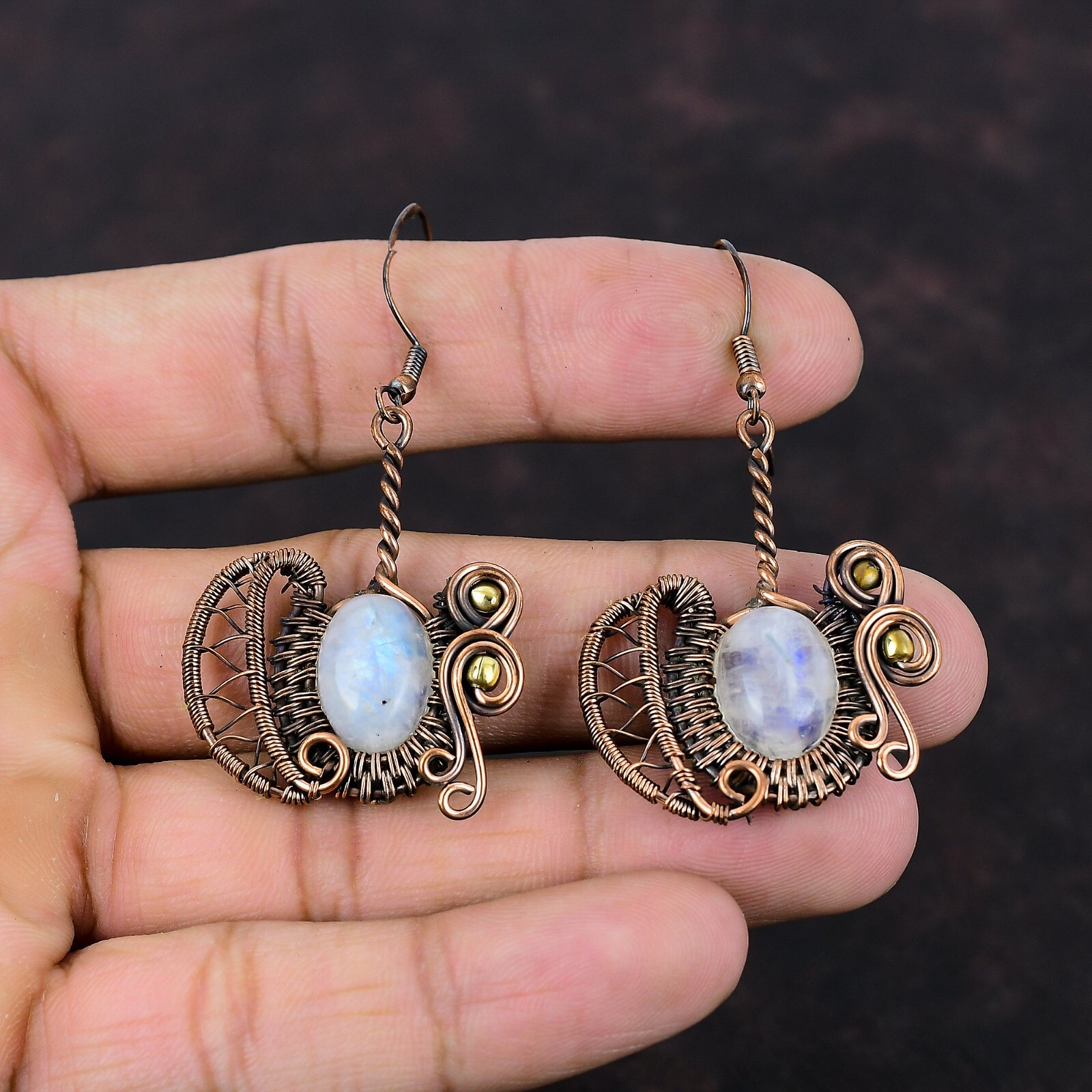 Rainbow Moonstone Wire Wrapped Earrings Handcrafted Copper Gift 2.28″