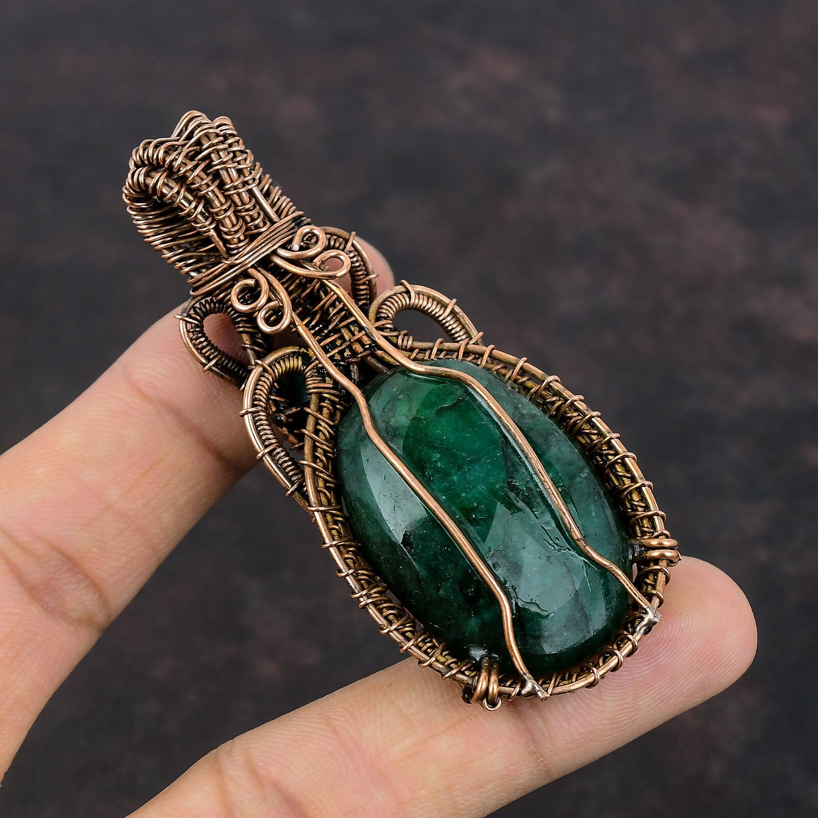 Faceted Zambian Emrald Jewelry Copper Wire Wrapped Pendant For Women 2.95″