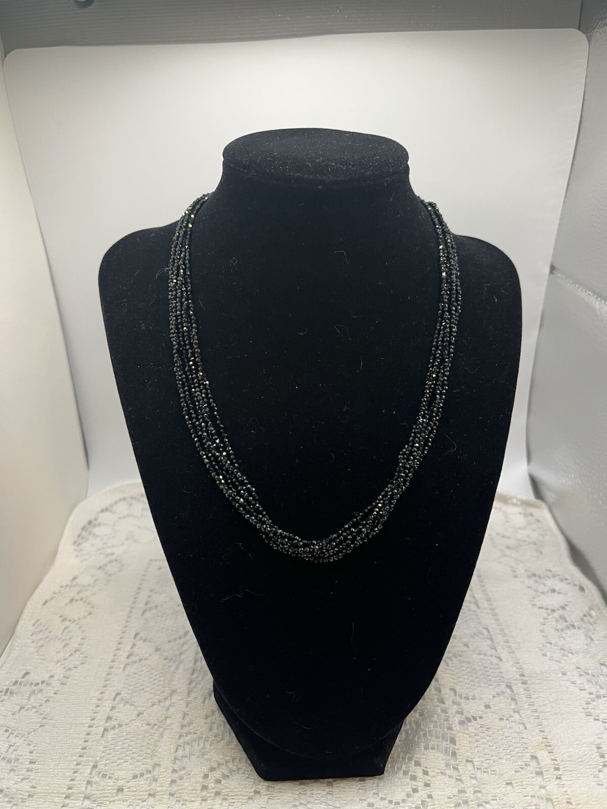 Sterling Silver Black Spinel Faceted Bead Six Strand 18″ Necklace Sparkly Fun