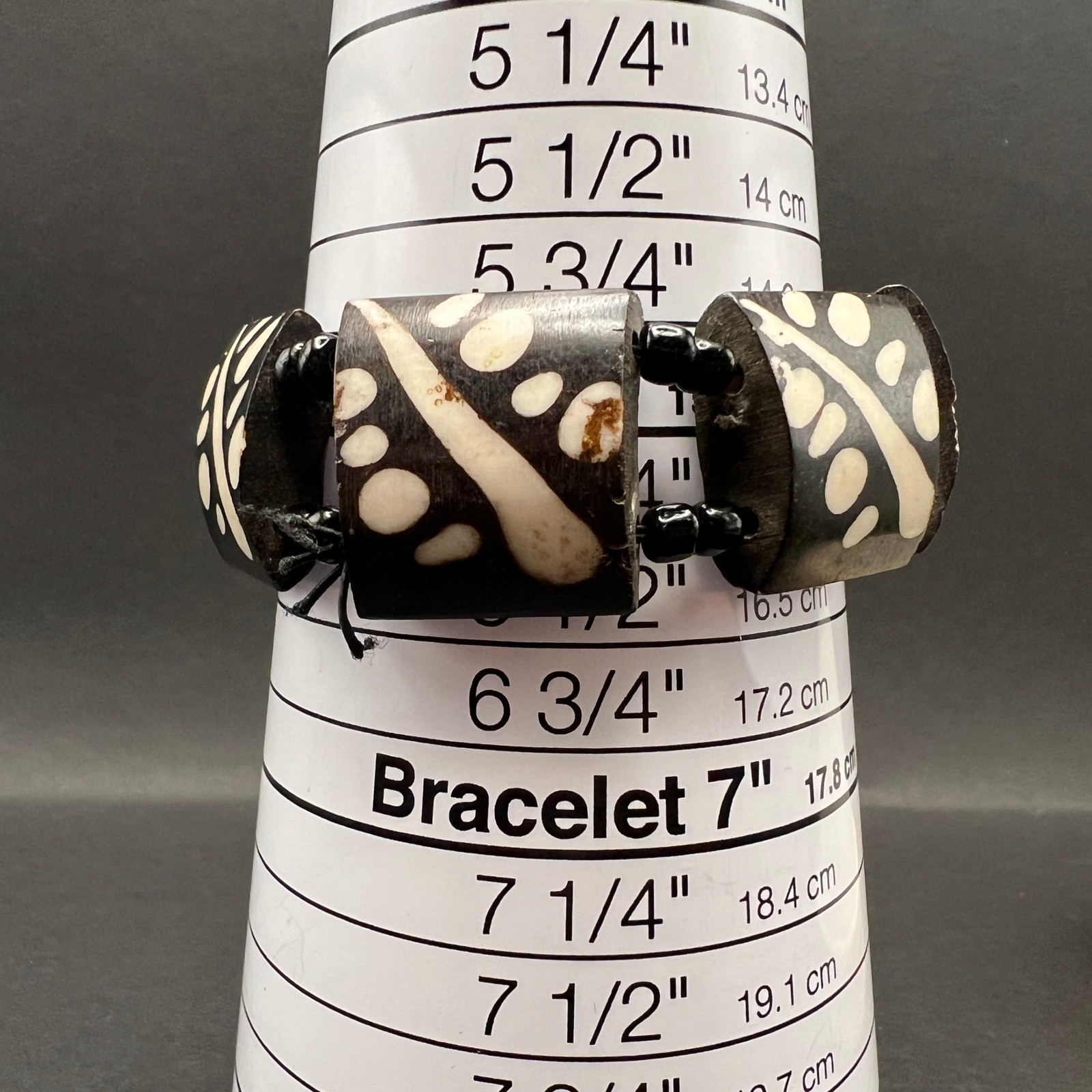 Chunky Wood Block Bracelet Black Cream Batik Tribal Bold Abstract