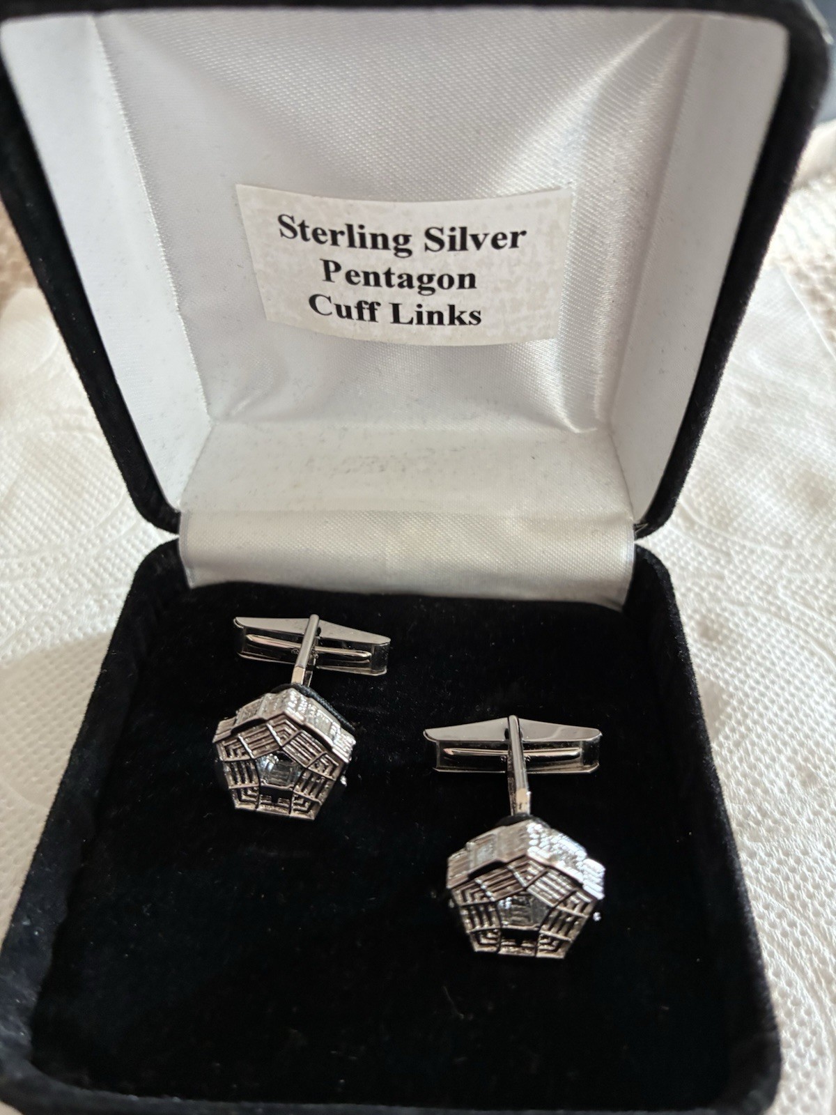 Vintage 925 Sterling Silver Cufflinks Pentagon Motif 10 Grams in Case Hallmarked