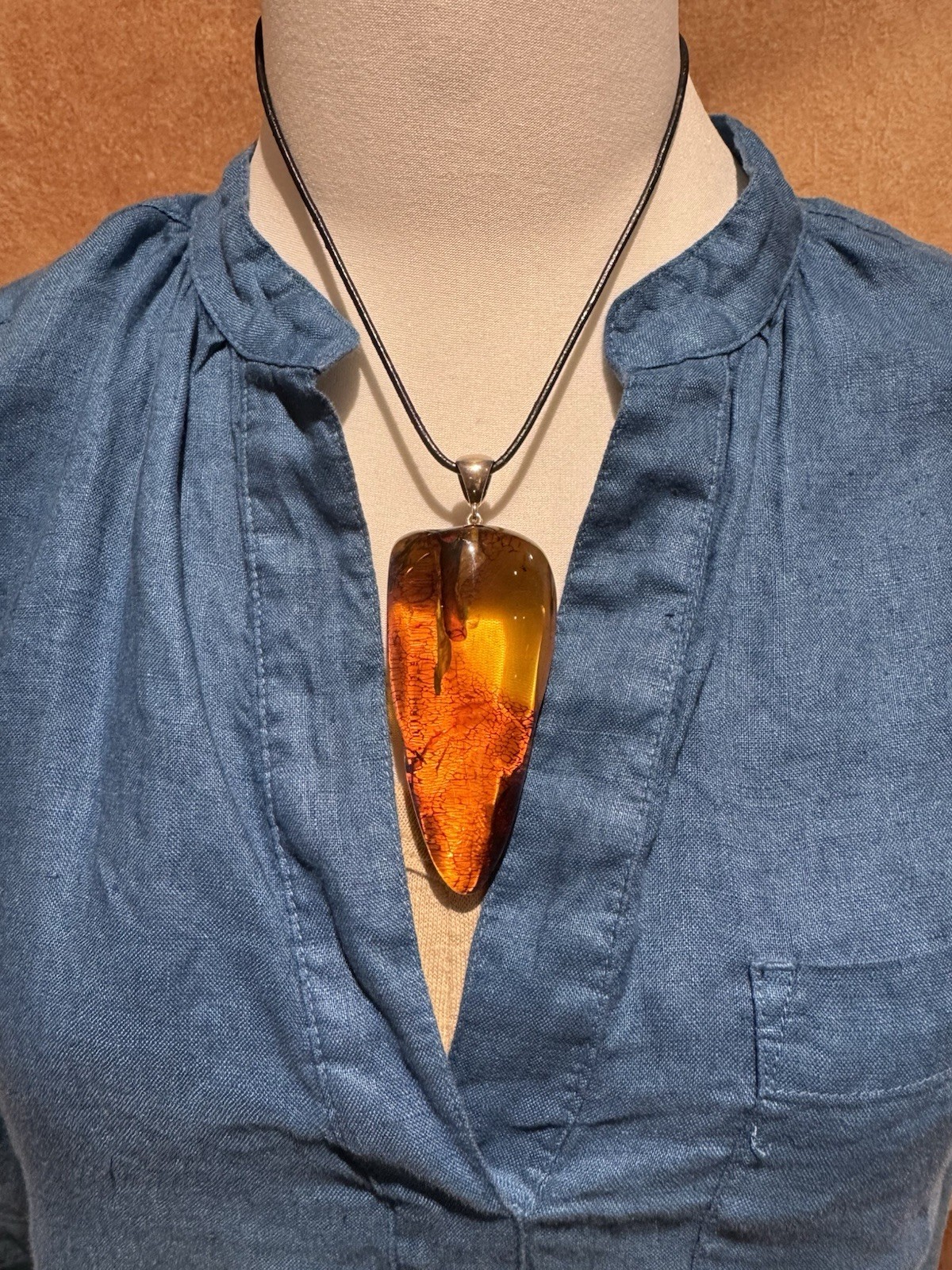 Natural Baltic amber pendant with plant inclusions, Sterling Silver Bail- 38.3g