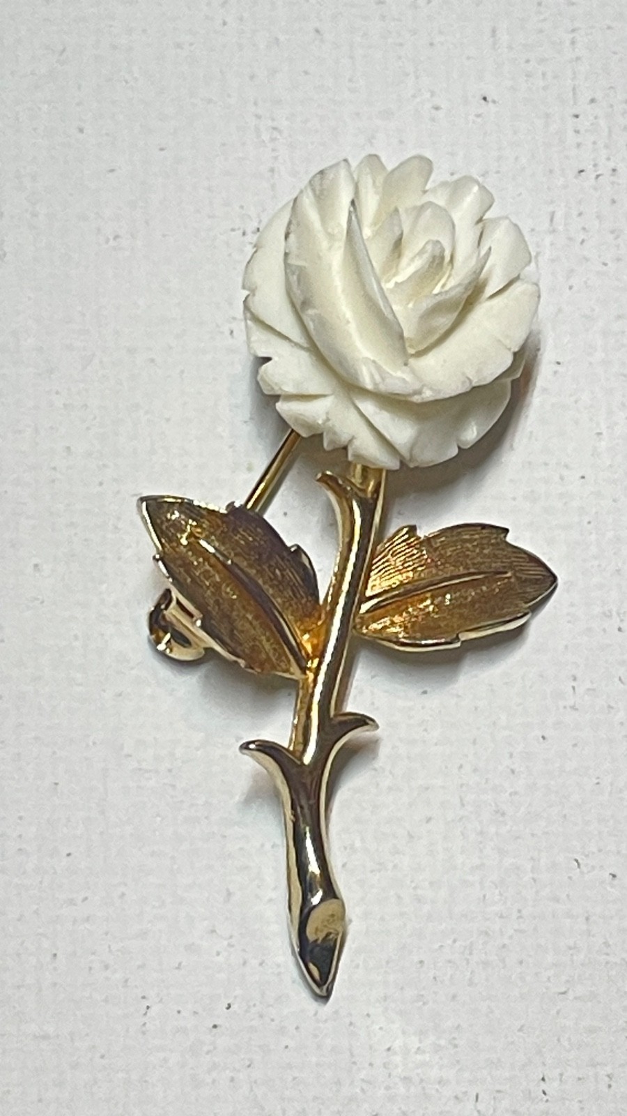 Vintage Carved Celluloid Rose Brooch & Matching Clip Earrings Cream Gold Tone