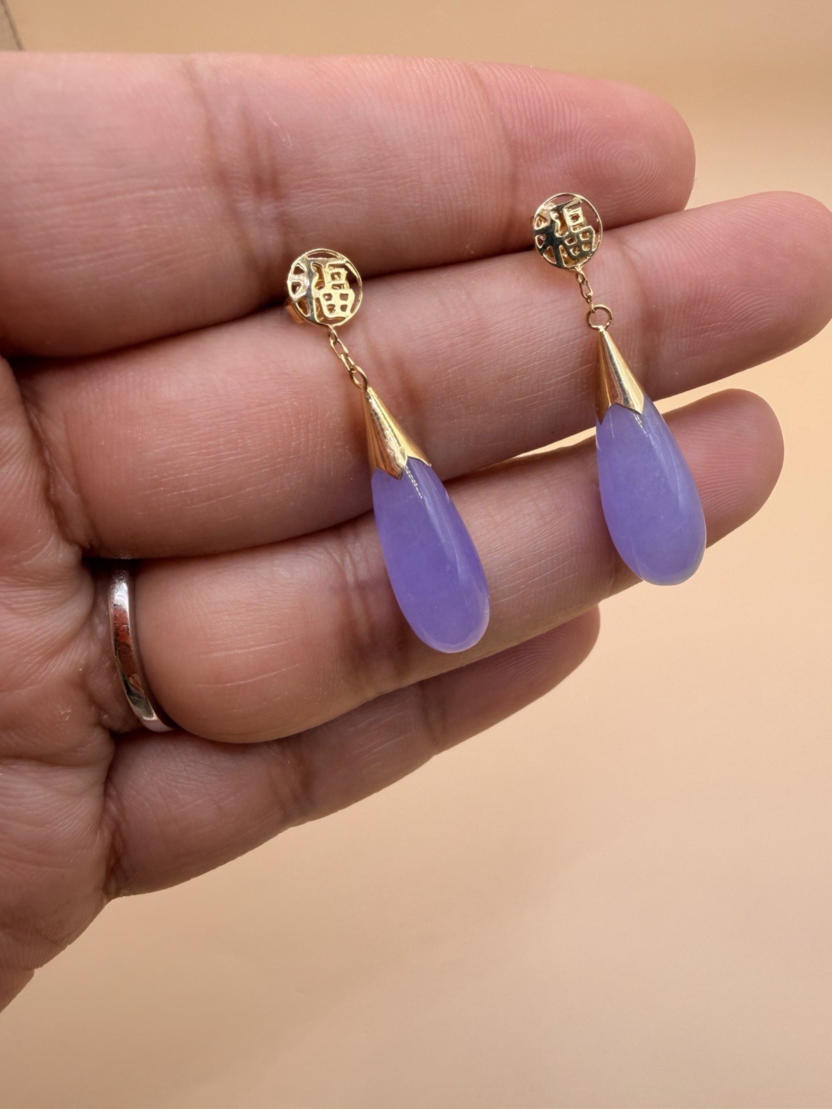 14k Yellow Gold Lavander Jade Earrings.