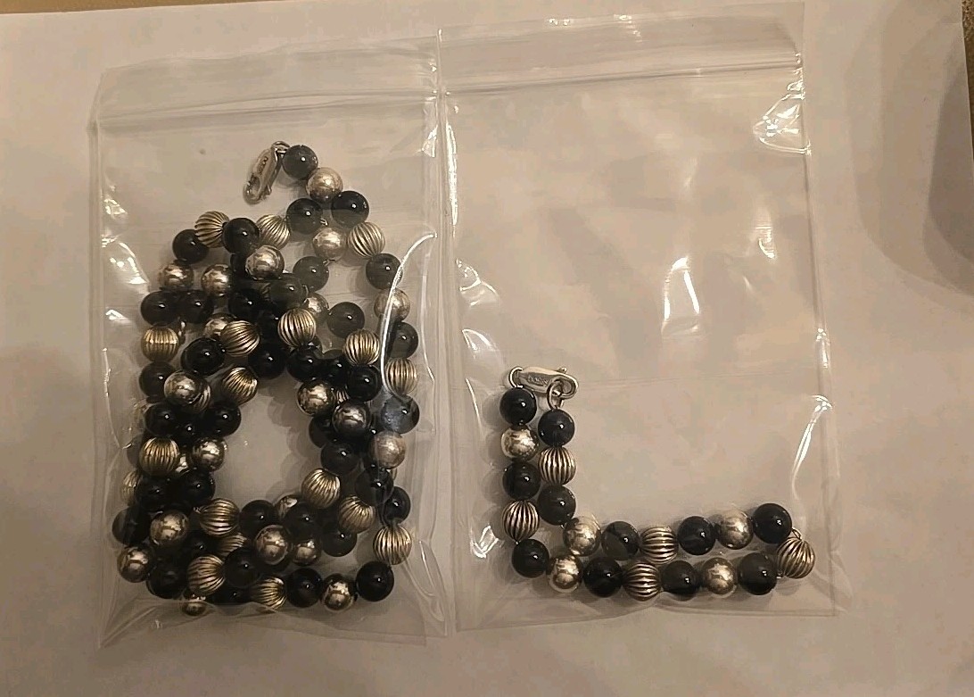 DOBBS 925 STER SIL RIBBED POLISHED BEADS ONYX NECKLACE 30 IN./BRACELET 7 IN. SET