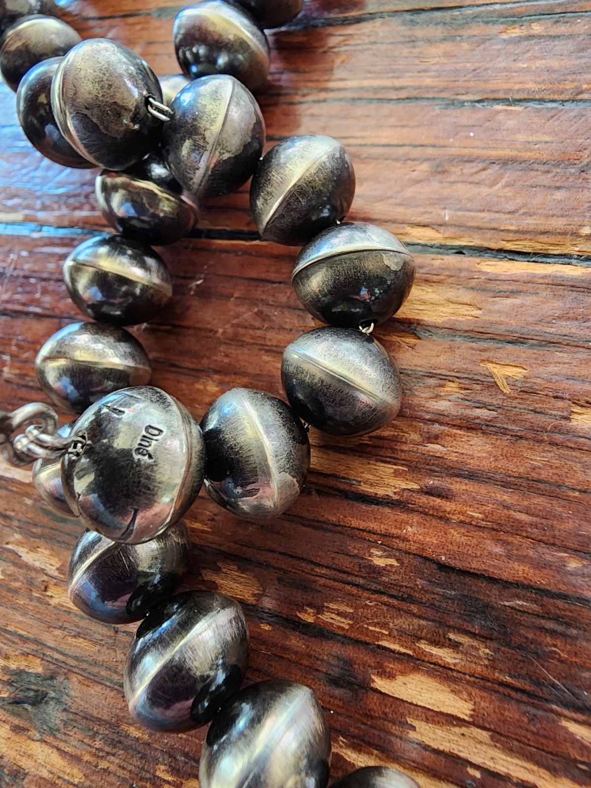 34″ Vintage HANDMADE Signed HS NAVAJO Sterling Silver Beaded NECKLACE 140g 13mm