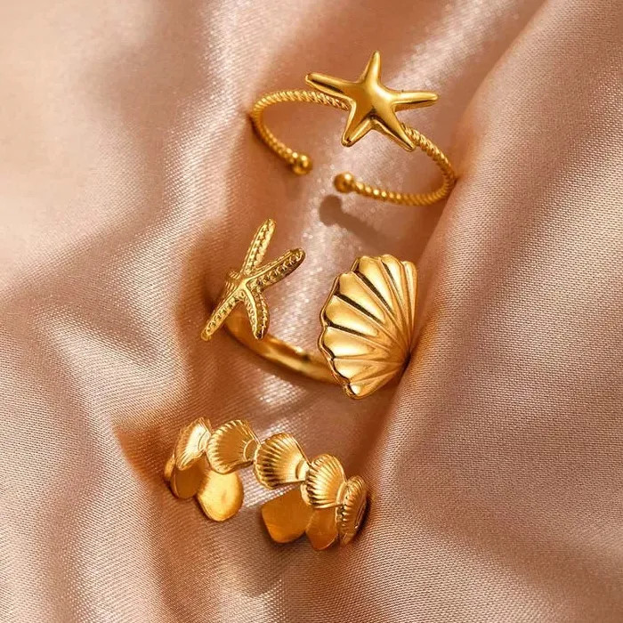 3Pcs Adjustable Stainless Steel Starfish Rings Set for Women Vintage Gold