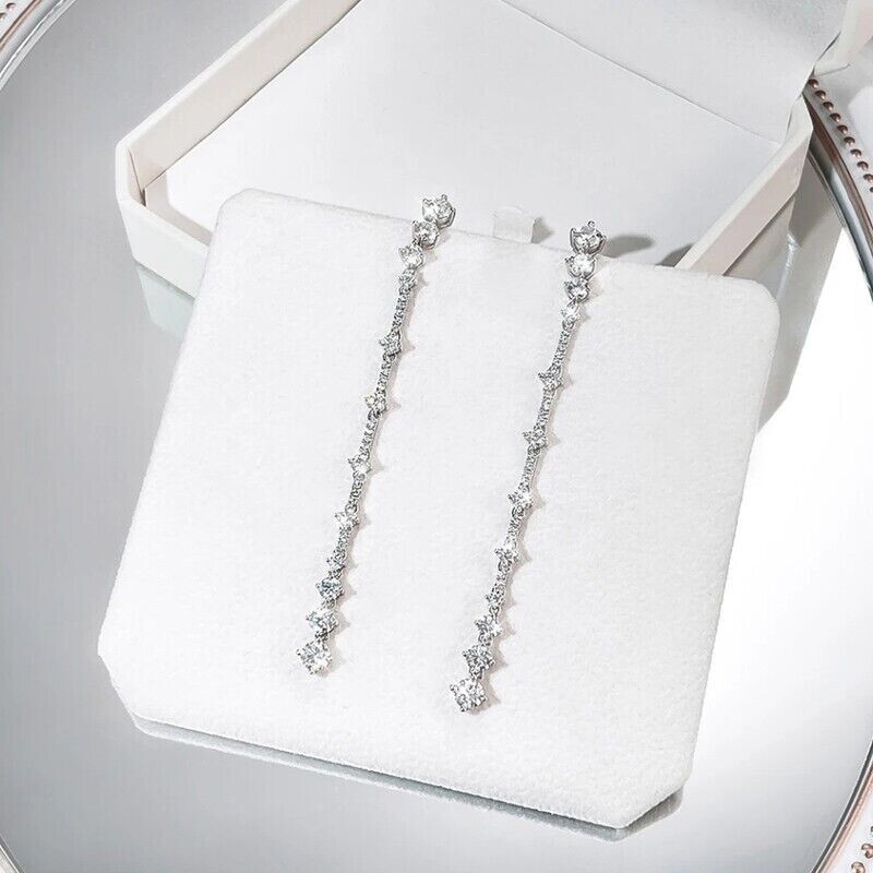 Gorgeous 2″ Long Drop Earring Round Cut Simulated Diamond 14K White Gold Plated