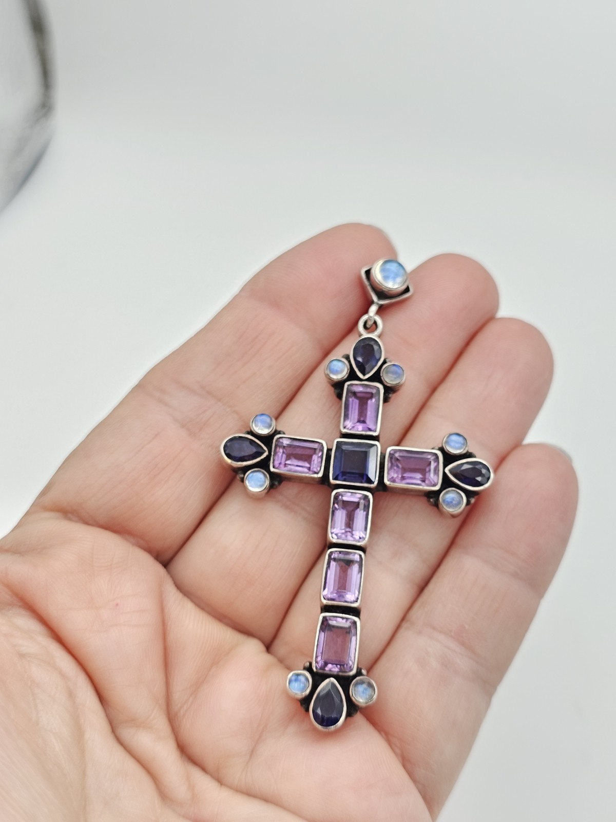 Nicky Butler 925 Silver Cross Pendant Amethyst Iolite Moonstone Signed India 11g