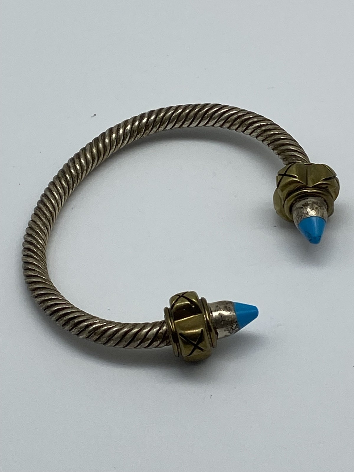 Sterling Silver Two Tone Twisted Cable Turquoise Cuff 6 1/2 Bracelet 54.0g
