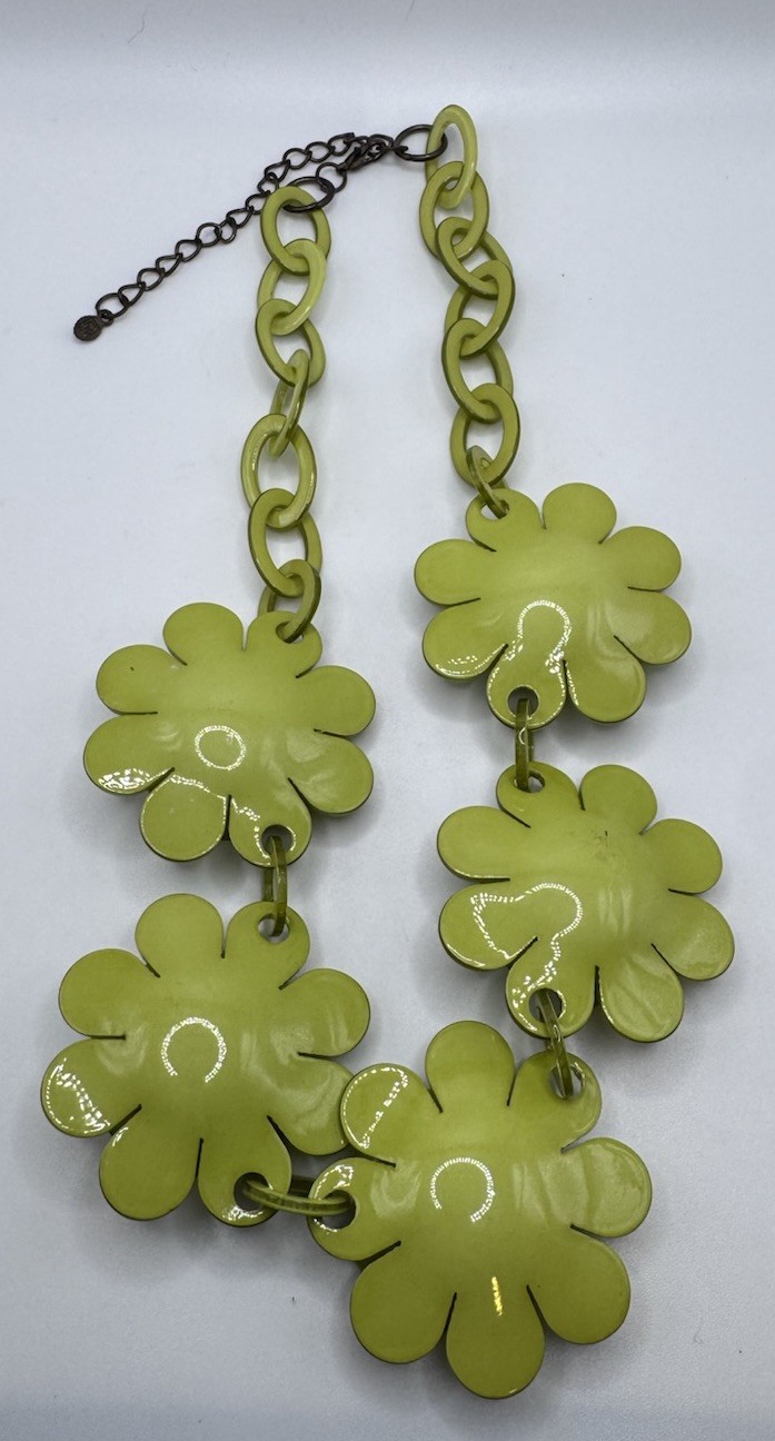 Lime Green Floral Statement Necklace Earrings Set Chunky Flower Artsy Funky Fun
