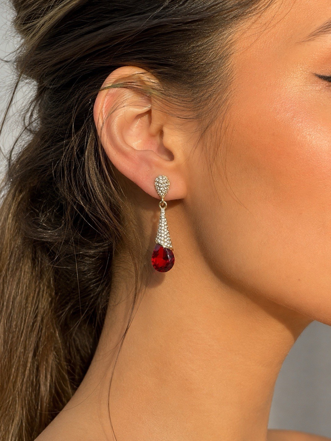 Rose Gold Red Crystal Teardrop Dangle Earrings Gift Box Included Elegant