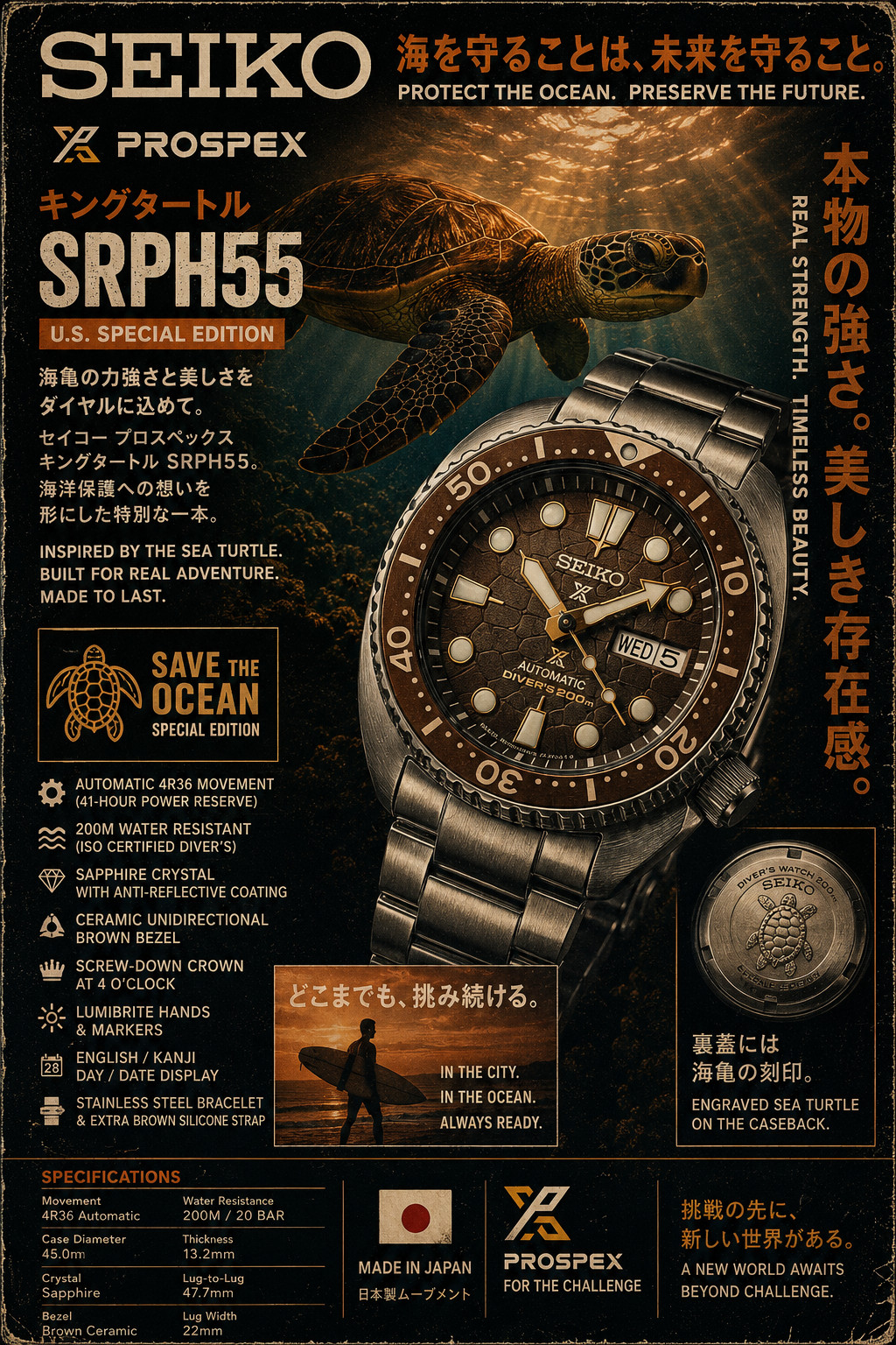 Seiko Brown Turtle Shell Dial Automatic 4R36 Men’s Watch SRPH55