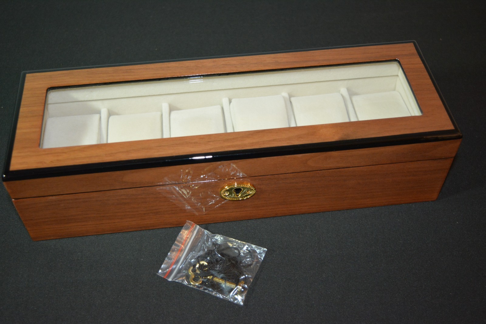 6 slot Luxury Watch Box Jewelry Display Case 6 Wood Grain, glossy, clear lid