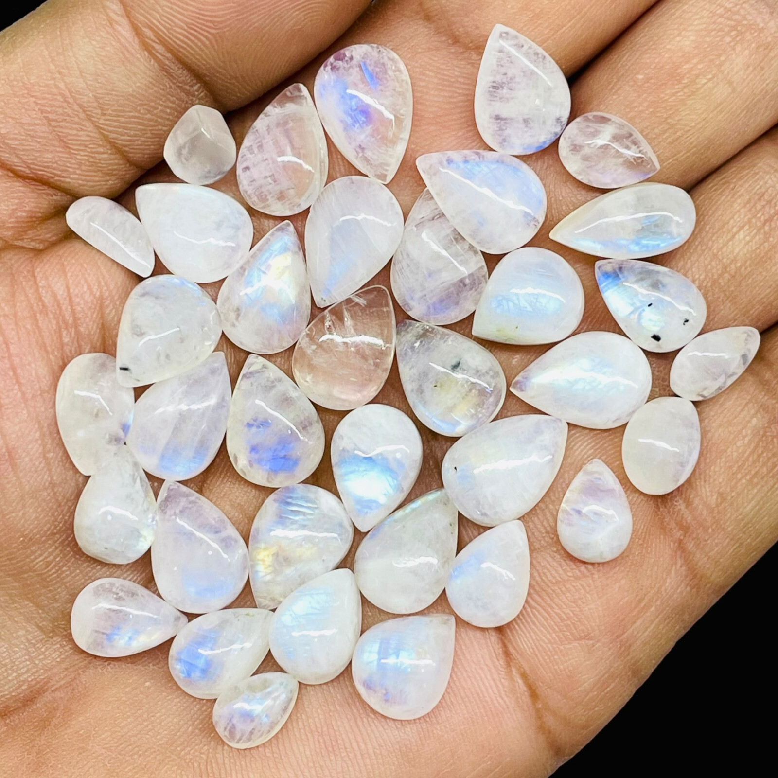36 Pcs Natural Rainbow Moonstone 10-14mm Pear Blue Flash Cabochon Gemstones Lot