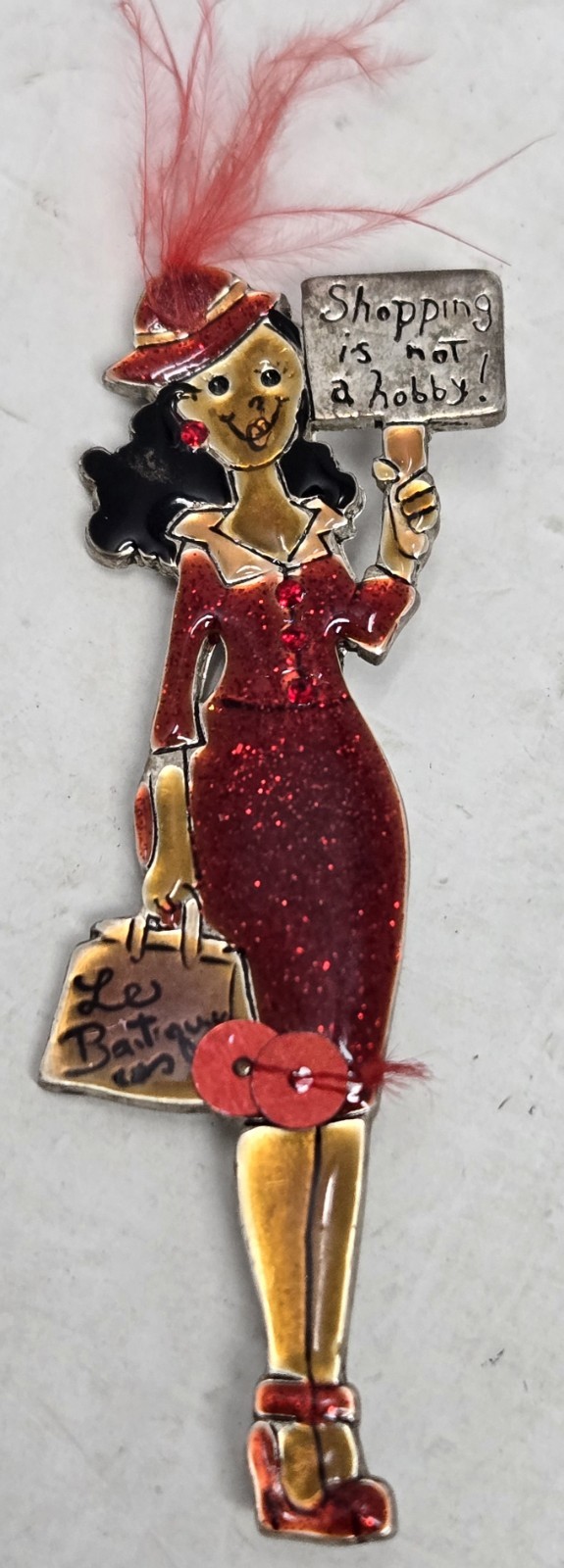 VTG Signed AJMC enameled Lady figural brooch Red feather shopping is not a hobby