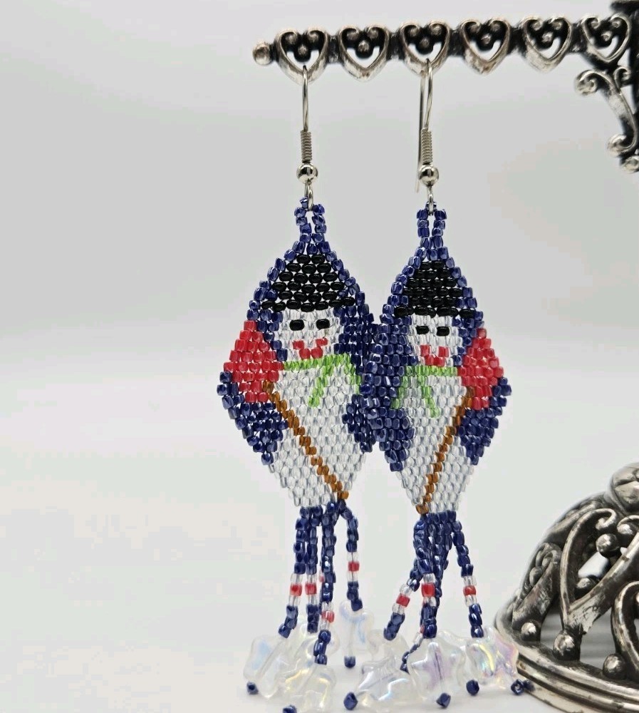 Snowman Seed Beaded Earrings Christmas Gift Party Handmade Festive 3.75 in