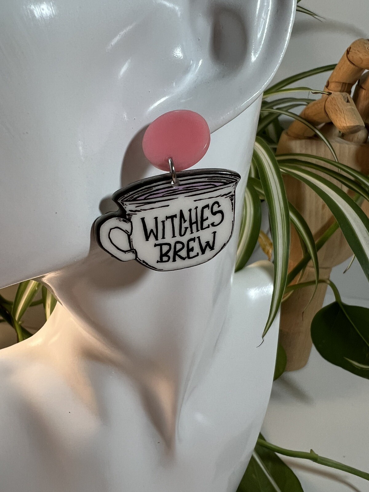 Pink & White Witches Brew Dangle Earrings- Cute Emo Witchy Earrings