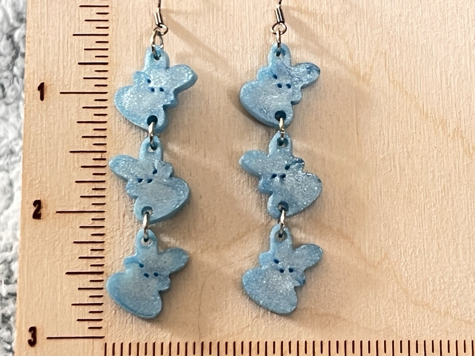 Handcrafted Blue Bunny Dangle Earrings Polymer Clay Animal Theme 2.8 in hook