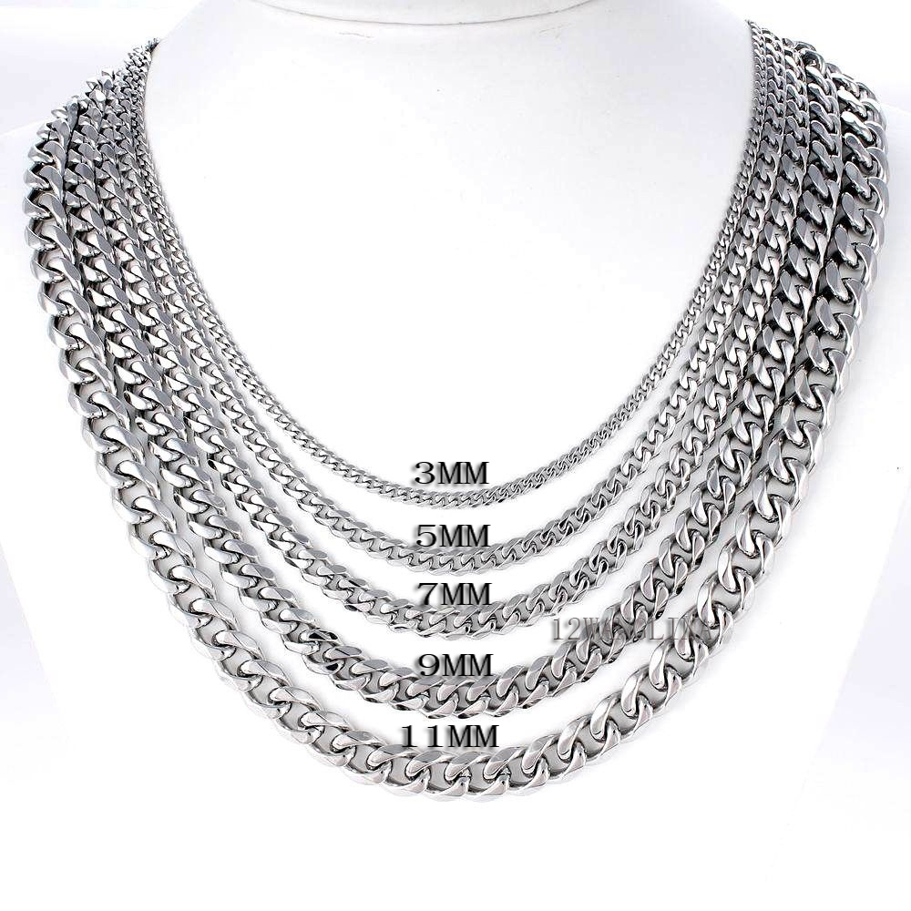 18-36” MENS Stainless Steel 3/5/7/9/11mm Silver Tone Cuban Curb Chain Necklaces