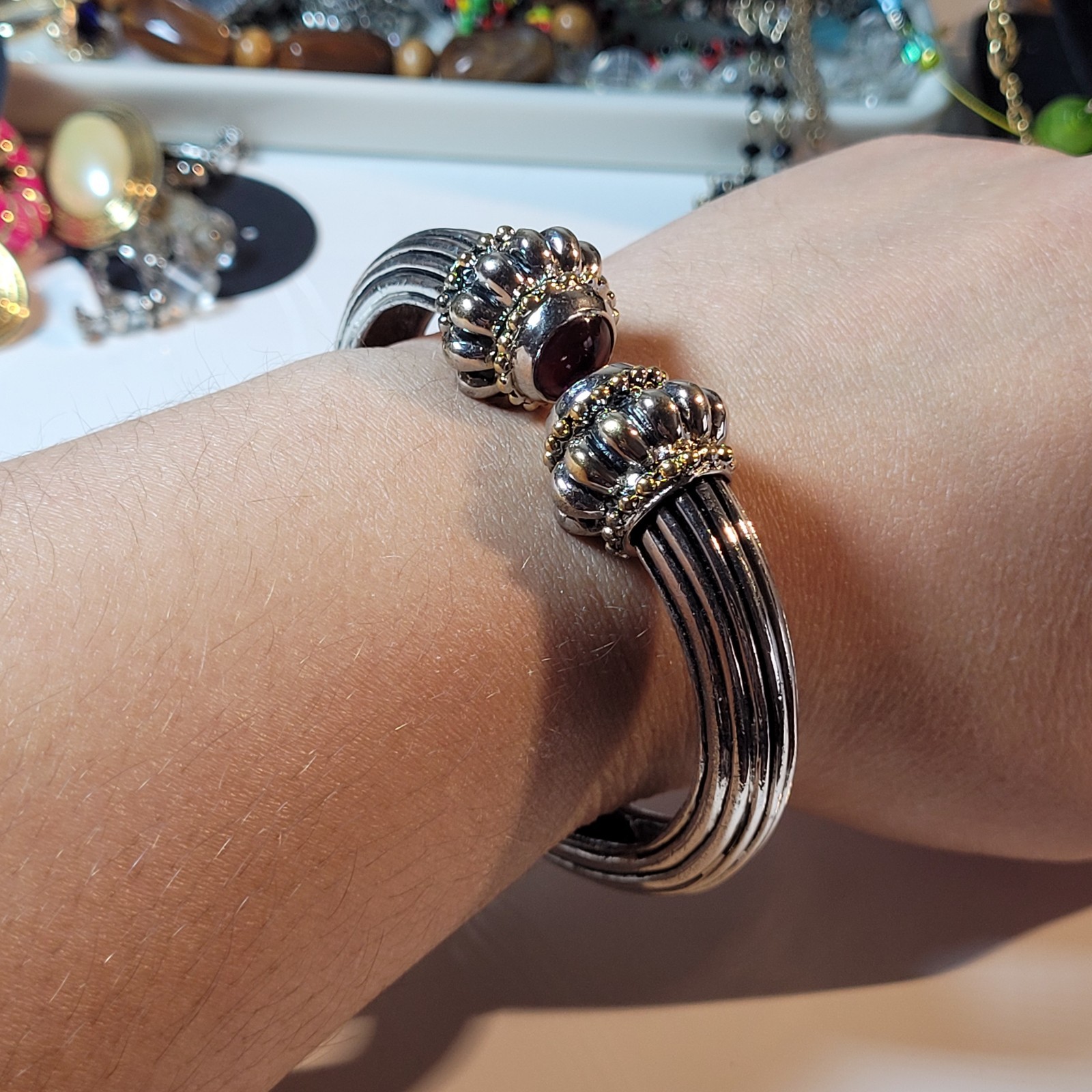 Vintage Heavy Silver And Gold Hinged Bangle Bracelet With Dark Burgundy Stones