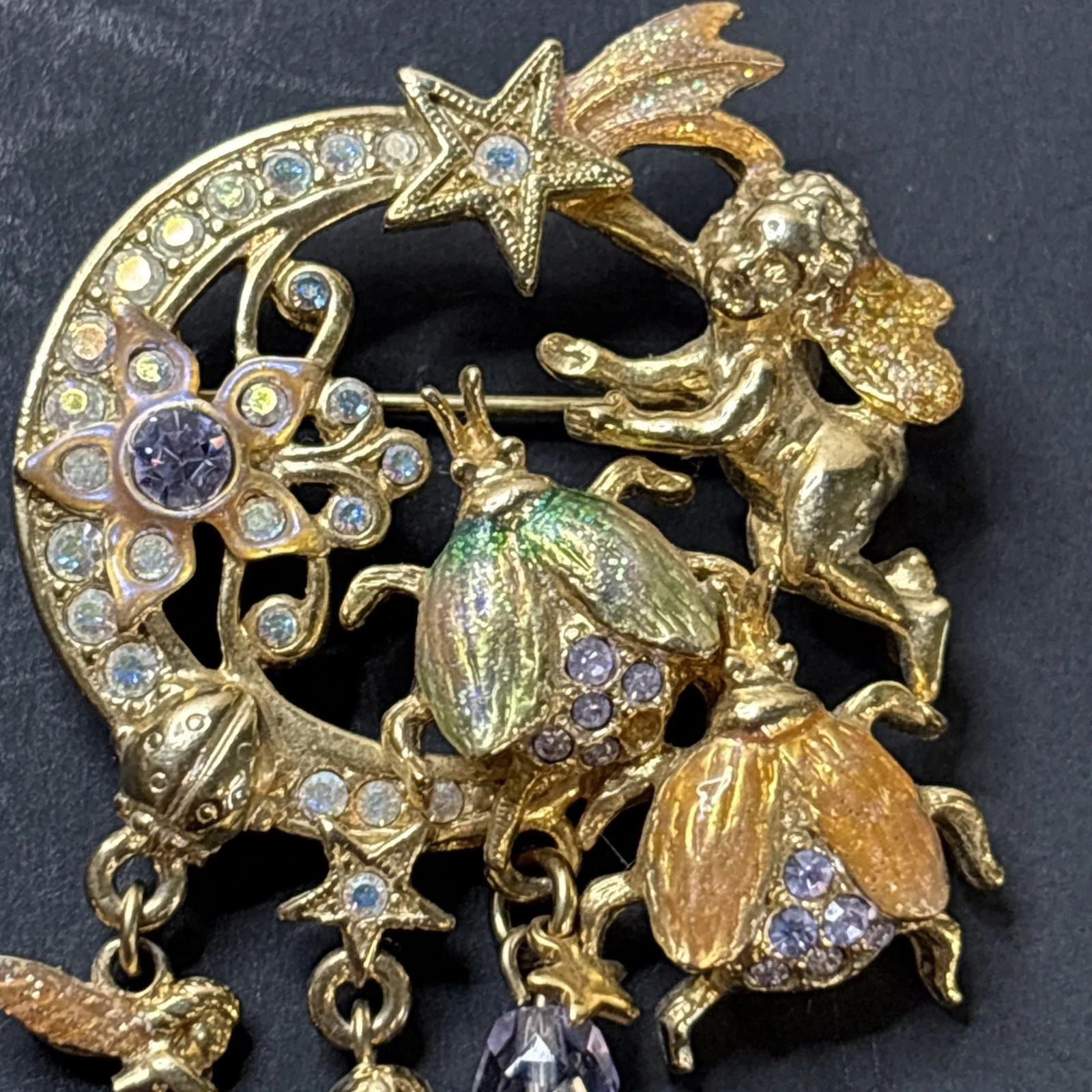 Signed Kirks Folly Fairy Fireflies Brooch Pin Dangle Stars Moon Flowers flies