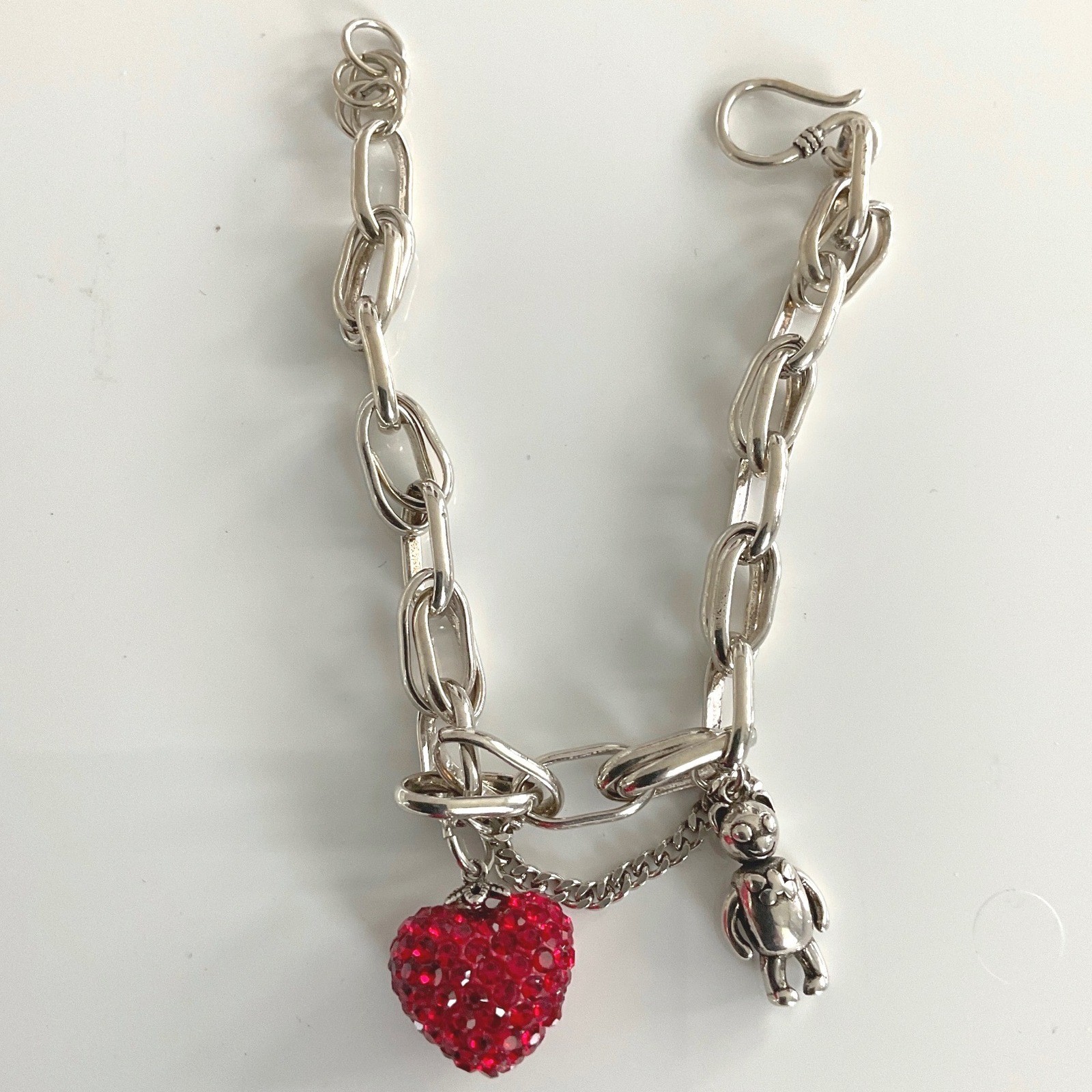 Bracelet Silver Tone Red Heart Bear Charm S-Hook Clasp New