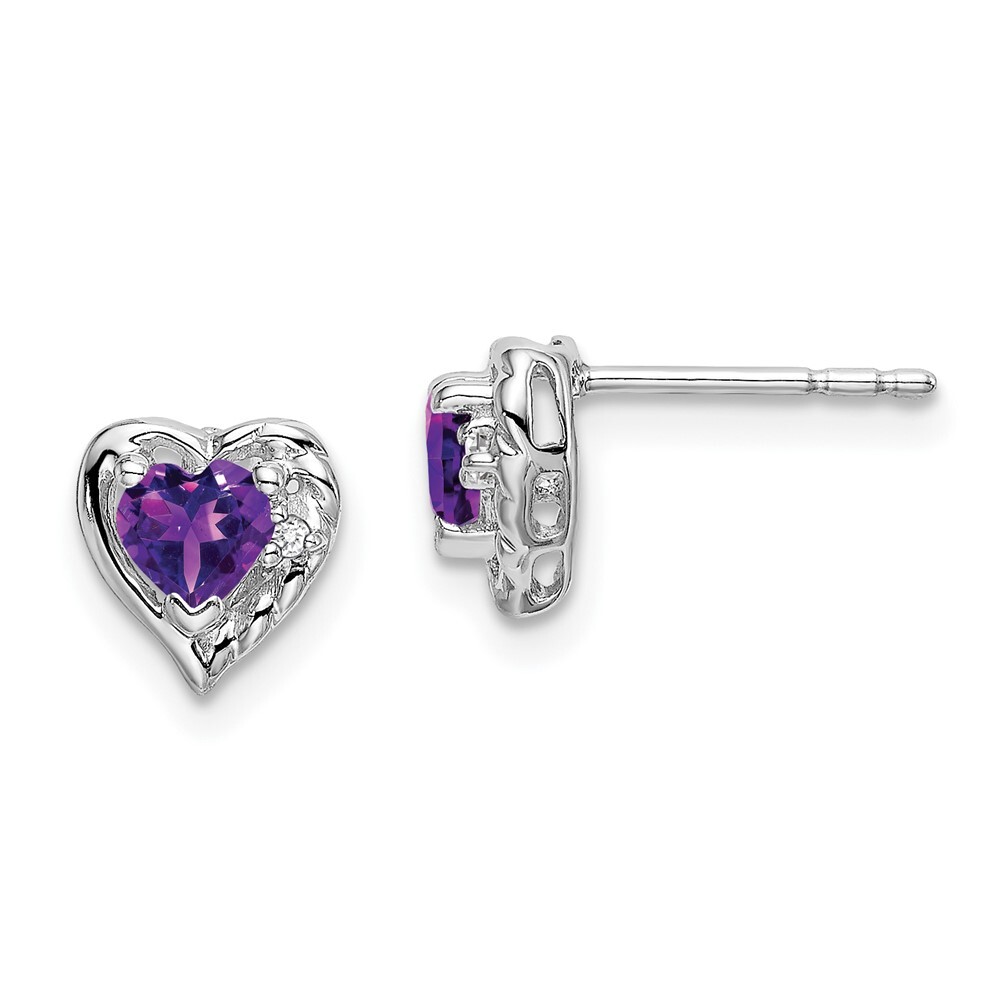 14k White Gold Amethyst and Diamond Heart Stud Earrings for Women 1.09g