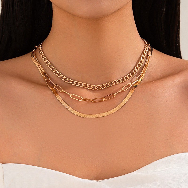 3PCS Women’s Retro Multi-layer Golden Snake Bone Stainless Steel Chain Necklace