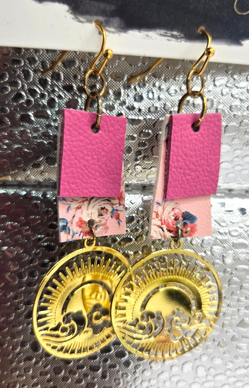 Gold Sun & Clouds Tree with Pink/Floral Dangle Earrings ~2 1/2 inches NEW