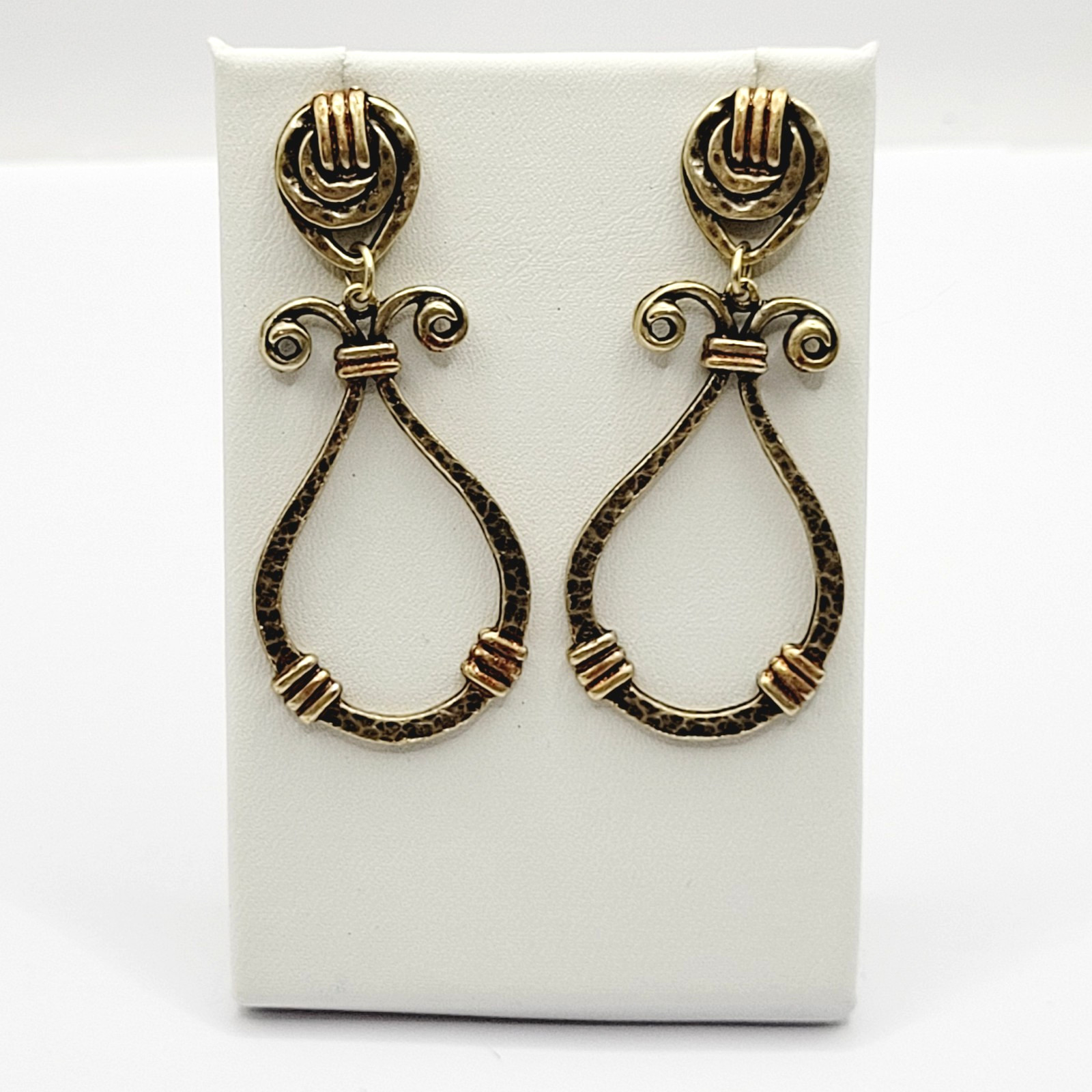Modern Geometric Loop Hammered Look Ornate Stud Mix Metal Tone Pierced Earrings