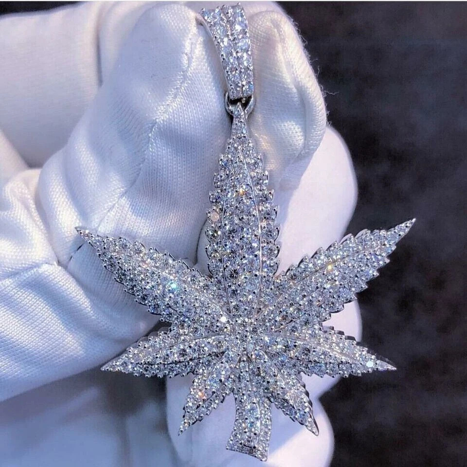 Men’s Marijuana Leaf Pendant 925 Sterling Silver 2Ct Real Moissanite Pass Tester