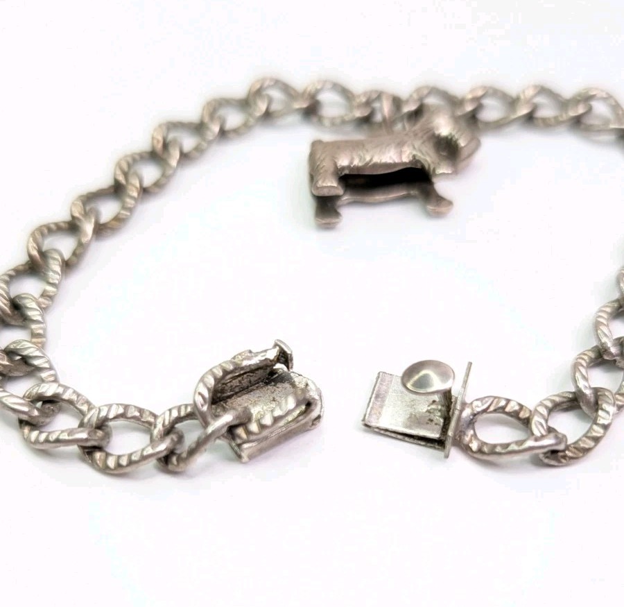 Automade Sterling Silver Charm Bracelet Push Lock Clasp 7-3/4 Inch Scottie Dog