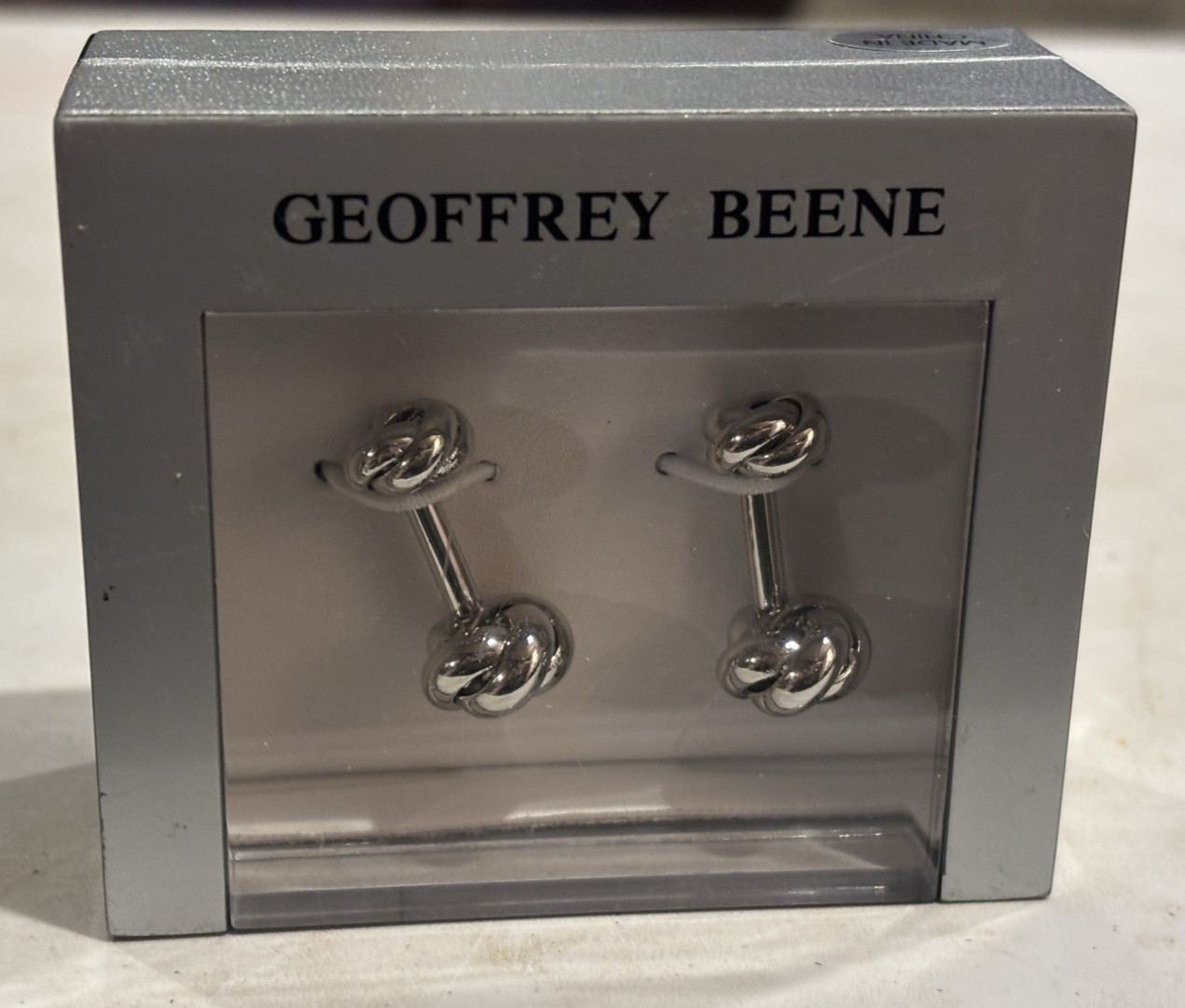 Geoffrey Beene Love Knot CuffLinks Polish Silver Tone Finish Barbell Design