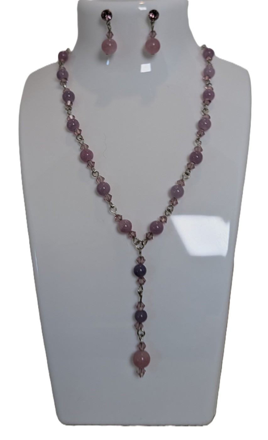 DESIGNER INSPIRED 19 in GENUINE AMETHYST & CRYSTAL BEAD NECKLACE JEWELRY SET