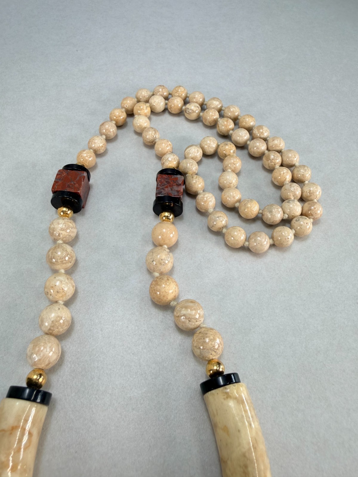 Vintage Ceramic -Jasper Beaded Statement Necklace Black Beige Brown Long Strand
