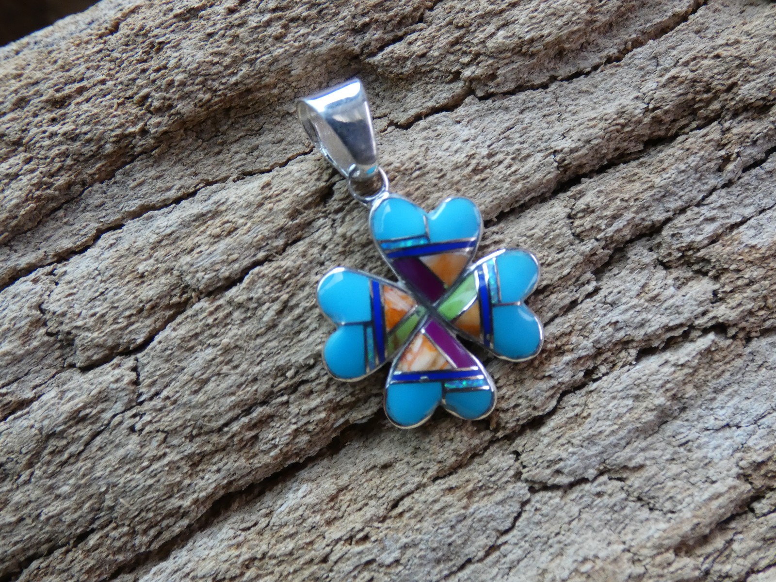 Love Luck Clover Multi Gemstone Handcrafted Sterling Silver Pendant New G38