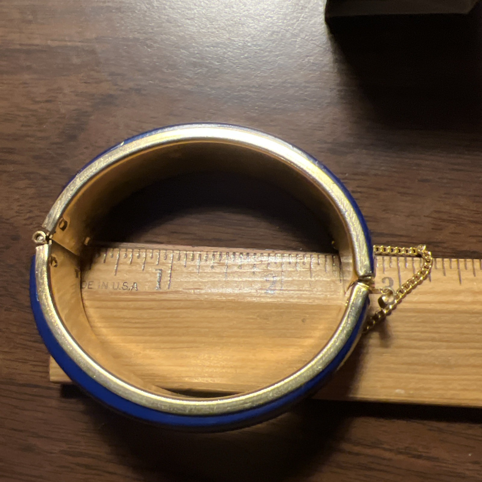 Vintage Blue Enamel Hinged Bangle Bracelet Gold Tone With Safety Chain