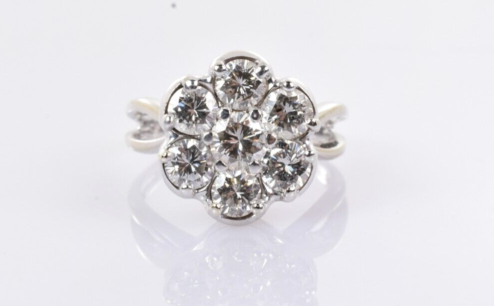 Vintage High Set Diamond Cluster Ring in 13k White Gold 1.90 Carats Size 6.5