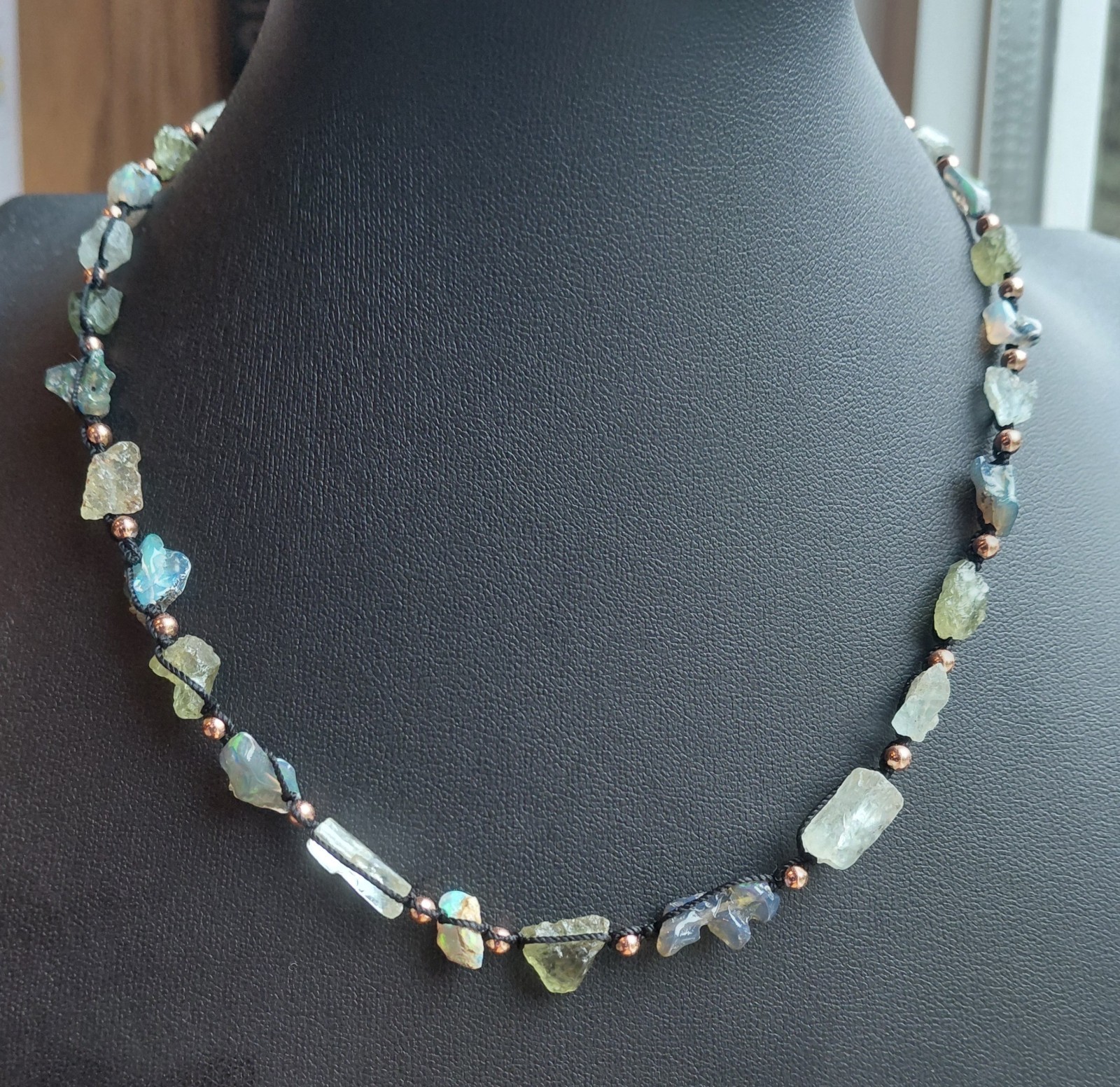Necklace Black Ethiopian Fire Welo Opal Apatite Aquamarine Copper Raw Heals 17″