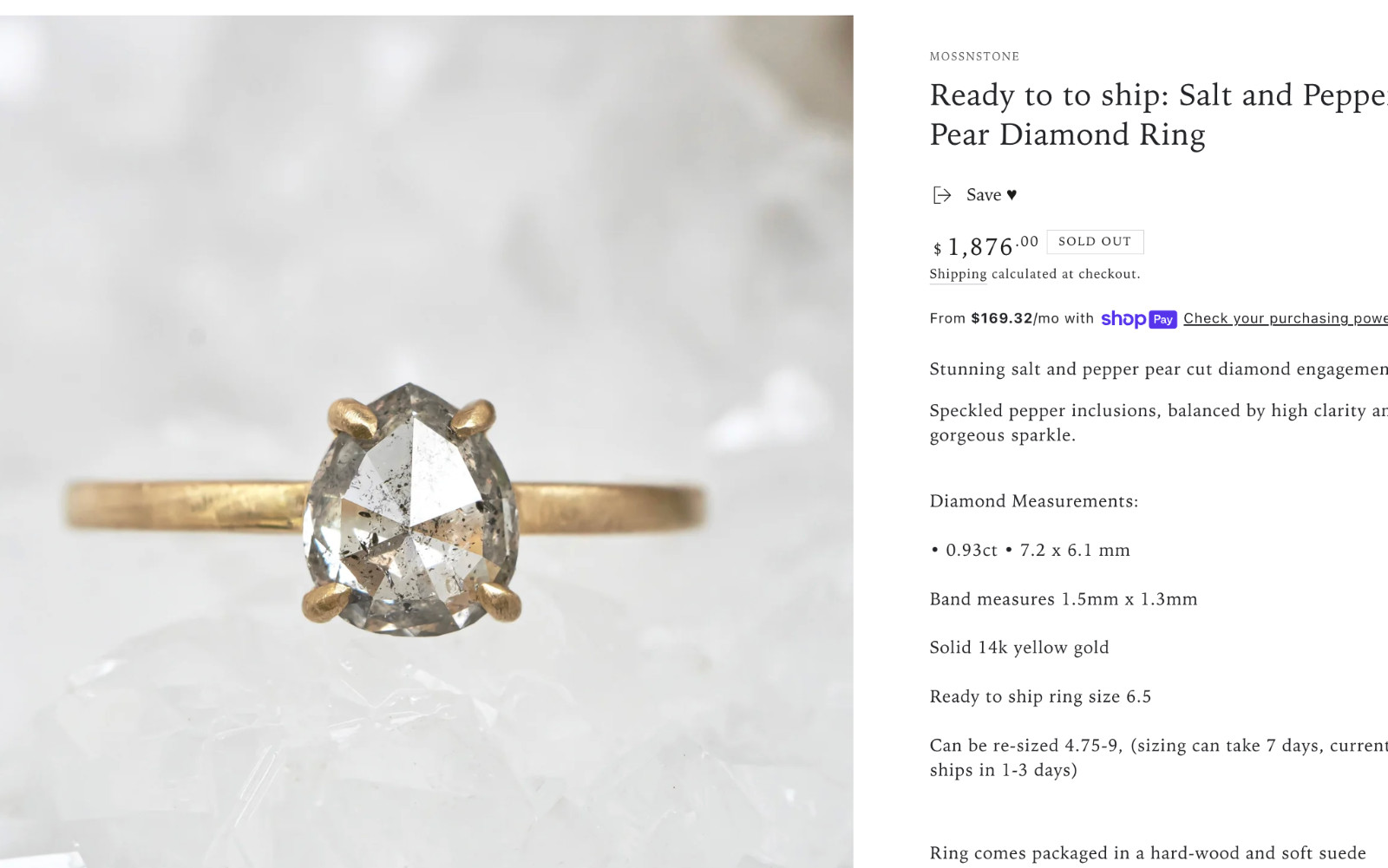 14K Gold Salt & Pepper Diamond Ring – .40CT Icy Fantasy Cut Natural Pear -Size 5