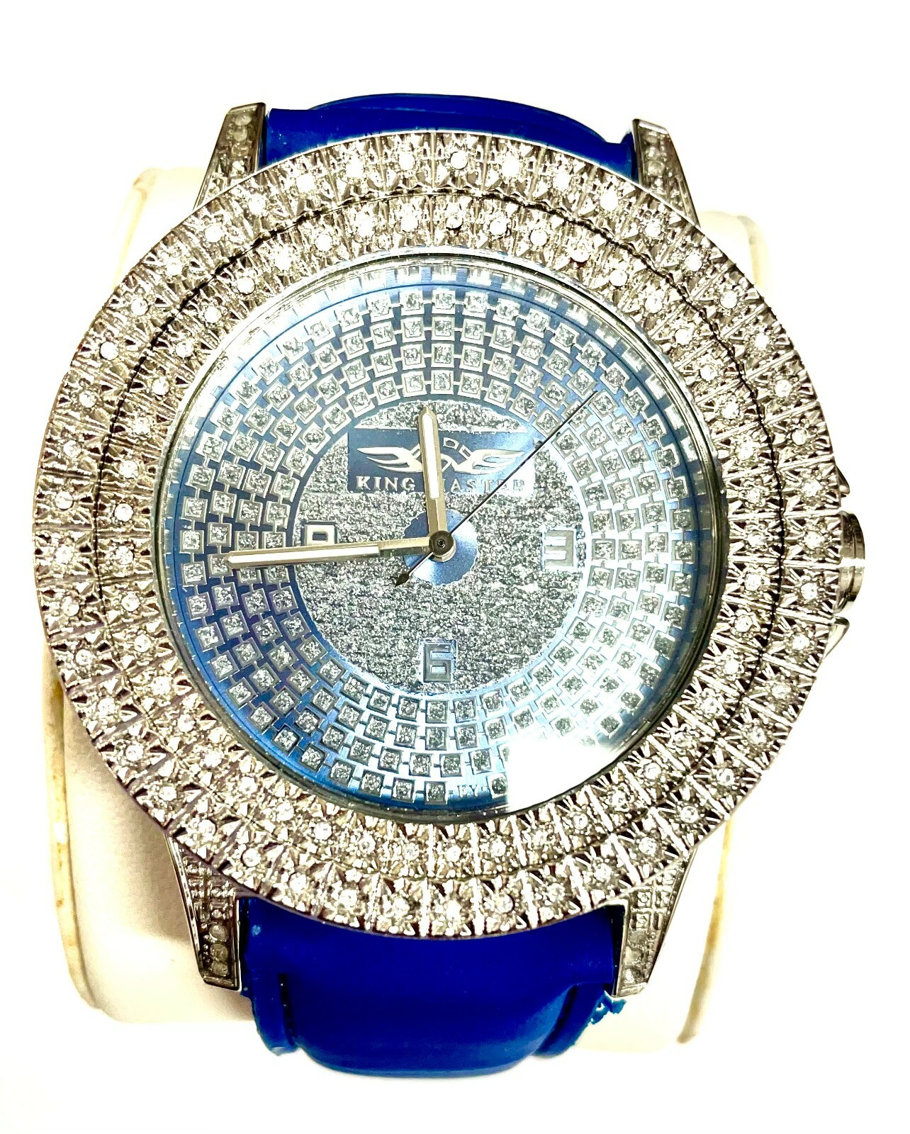 King Master Men’s CZ Stone Silver-tone Stainless Steel Leather Watch