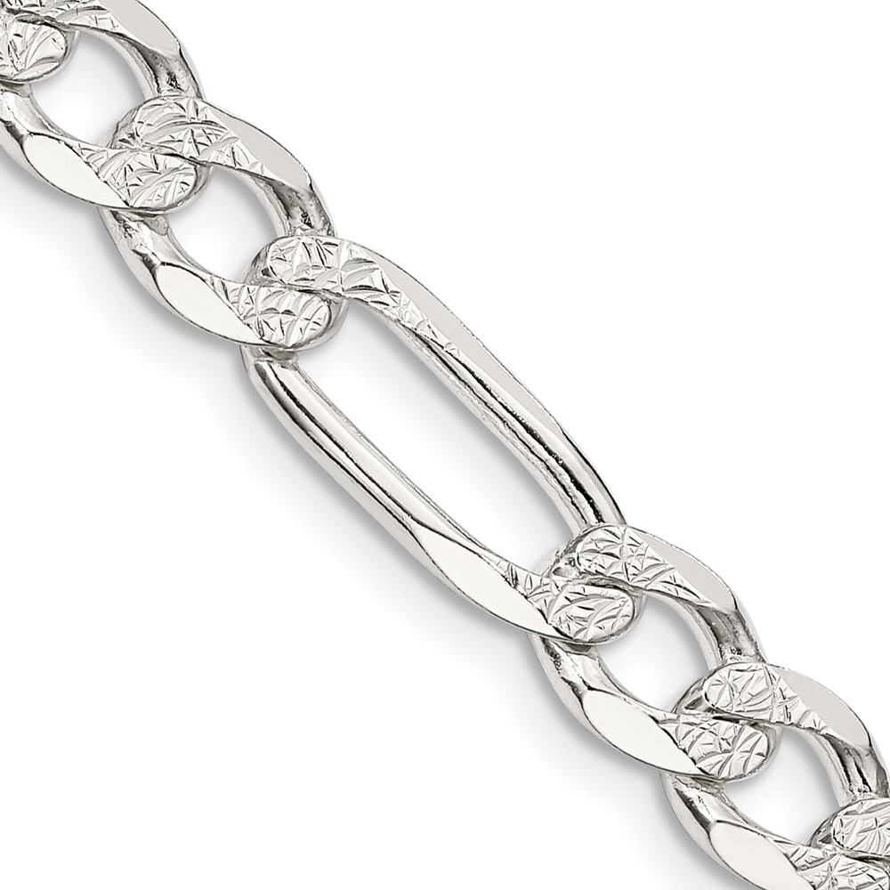 20″ Sterling Silver 7mm Pave Flat Figaro Chain Necklace