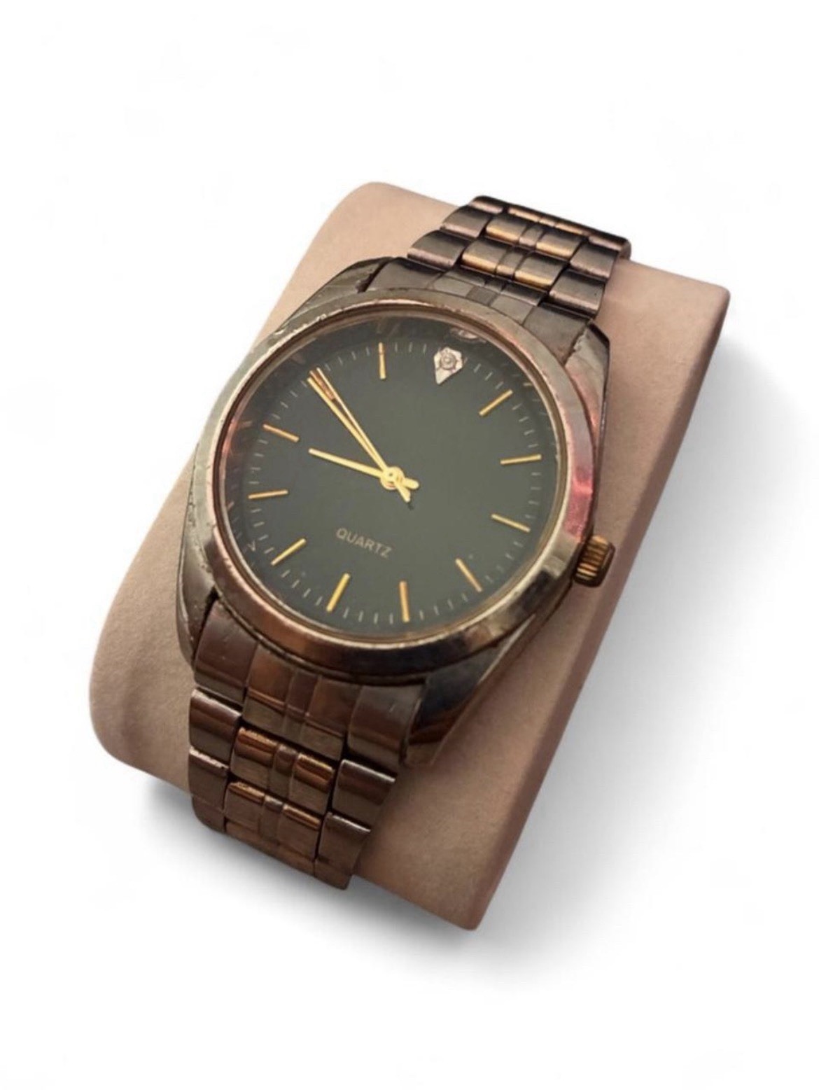 Quartz Dress Watch Black Dial Stick Indexes 12-Hour Two-Tone Metal Bracelet
