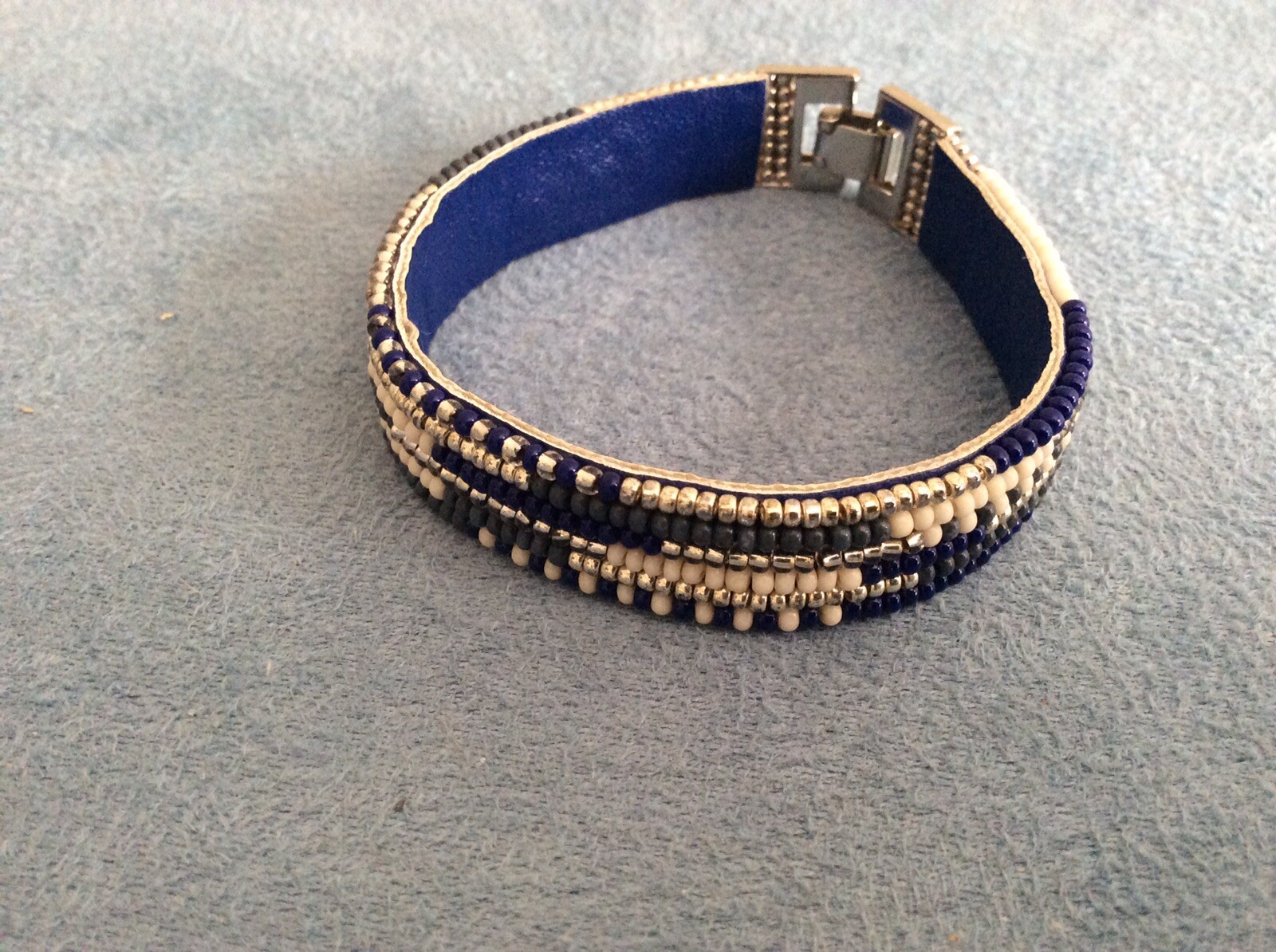 Blue White Silver Seed Bead Band Boho Bracelet Silver Fold Over Clasp Elegant