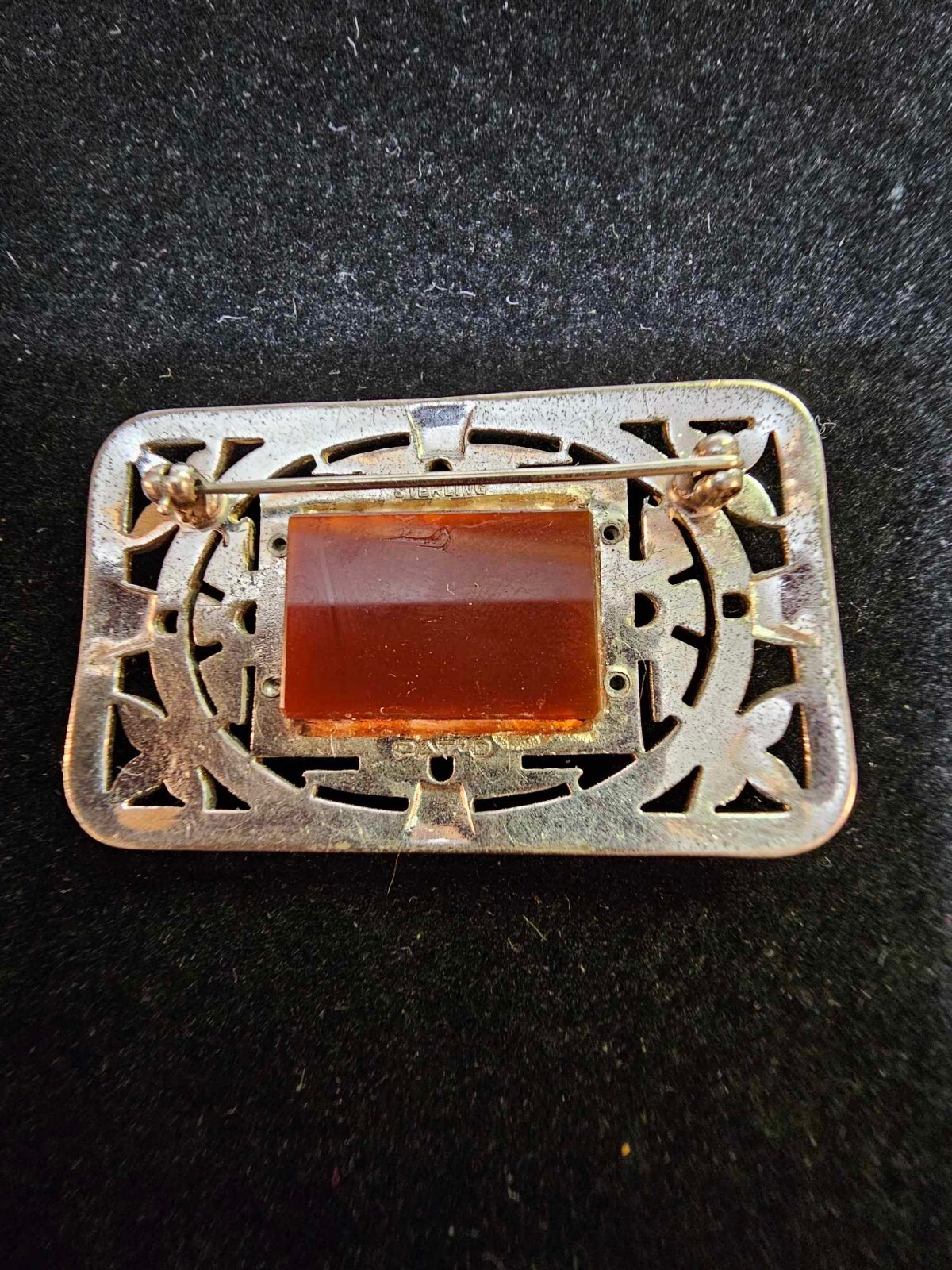 Vtg Art Deco Sterling Silver w Carnelian & Marcasite Rectangular Brooch Pin- S29