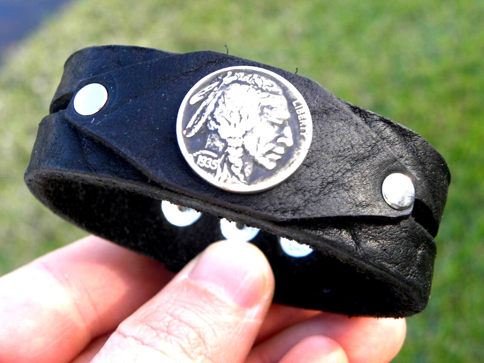 Cuff bracelet Buffalo Indian Nickel coin genuine Bison leather customize size