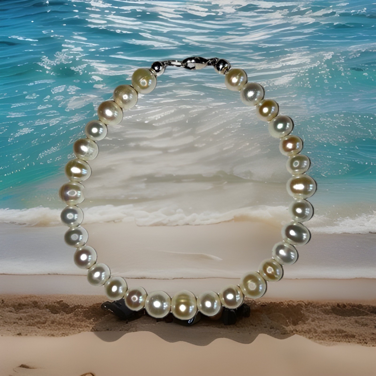 White Cream Freshwater Pearl Bracelet With 925 Sterling Silver Clasp 7.5 Inches